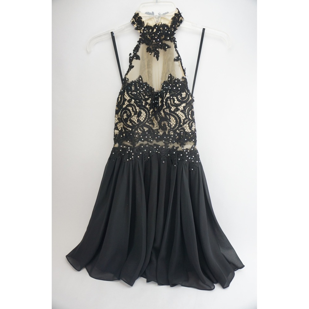 Bee Darlin Lace Halter Dress Womens 1/2 Black Rhinestone Cocktail Good